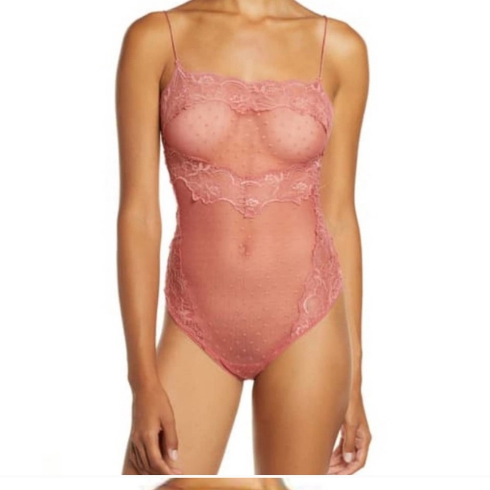 Sheer Lace Dot Mesh Bodysuit - Dusty Rose